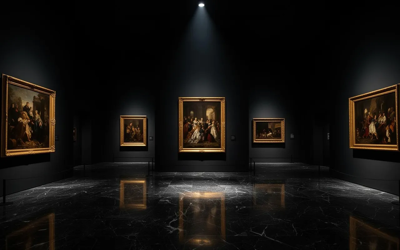 A dark exhibition hall with gold-framed paintings lit by a single spotlight