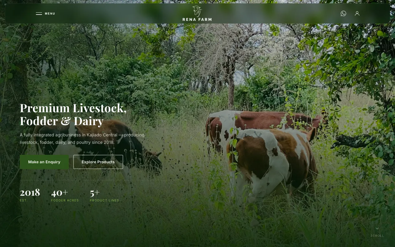 The live ReNa Farm website: a maize field under a blue sky with the headline Premium Livestock, Fodder and Dairy